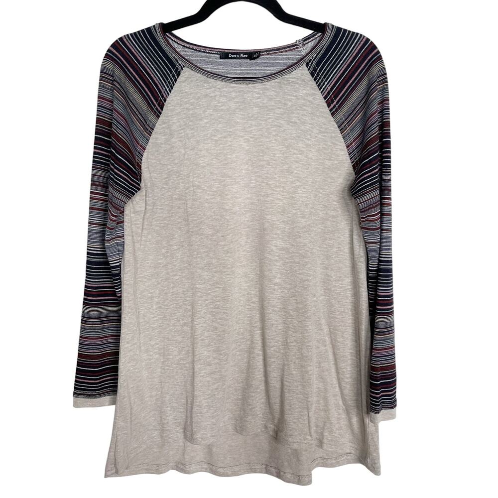 New Doe & Rae Large Heather Gray Striped Raglan Long Sleeve Tee Tshirt Top Crew